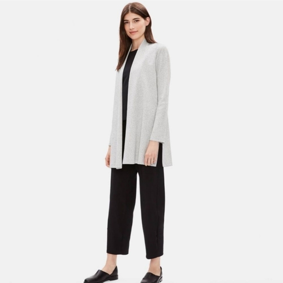 Eileen Fisher Herringbone Organic Cotton Longline Open Front Jacket Cardigan L - Picture 3 of 13